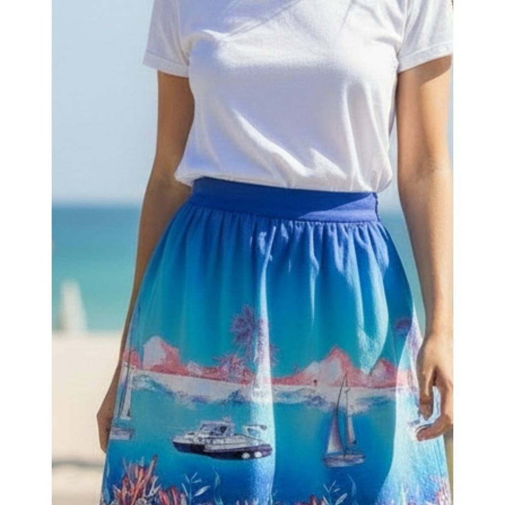 Boston Proper 4 S NWT Cotton Poplin Skirt Seascape Yacht Sailboat Novelty Preppy